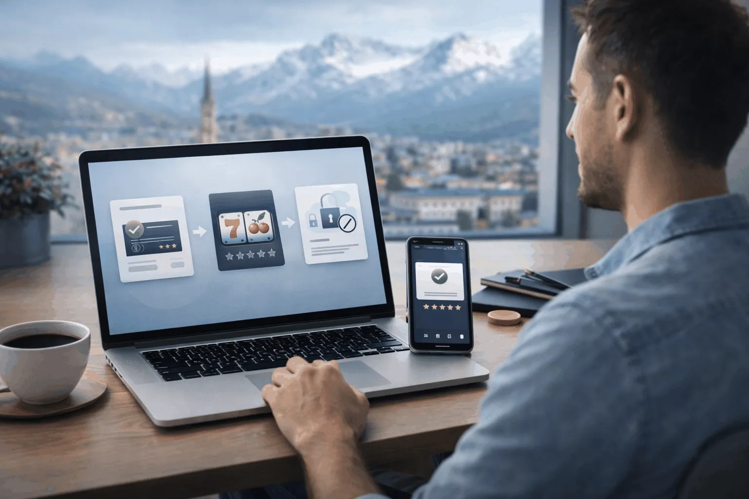 Online Casino ohne Anmeldung in der Schweiz mit Pay N Play Person nutzt Laptop und Smartphone für Online Casino ohne Anmeldung mit sofortiger Einzahlung und Auszahlung