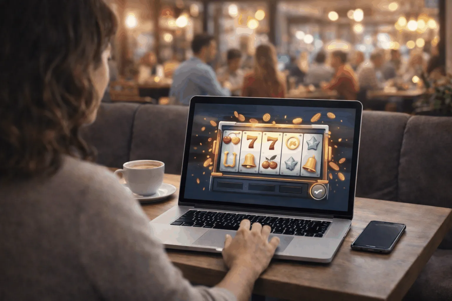 Online Casino in der Schweiz entspannt im Café spielen Frau spielt Online Slot auf dem Laptop in einem Café mit Kaffeetasse und lebendiger Atmosphäre